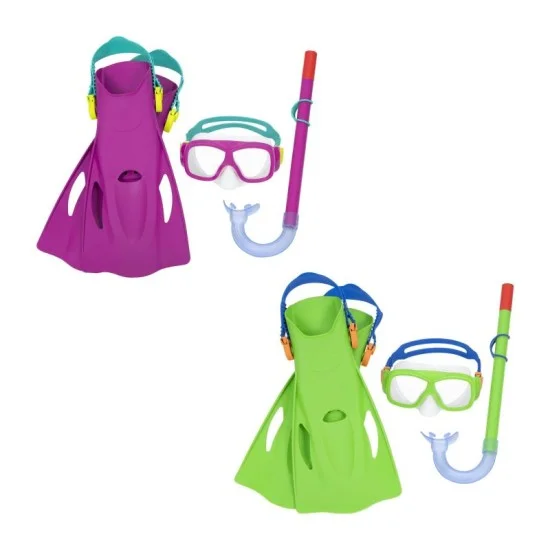 Bestway  explora essential snorkel set (contents:one mask, one snorkel and one pair of fins, 2 assorted colors, fin size: us(5-8); eur (37-41)) age 7+